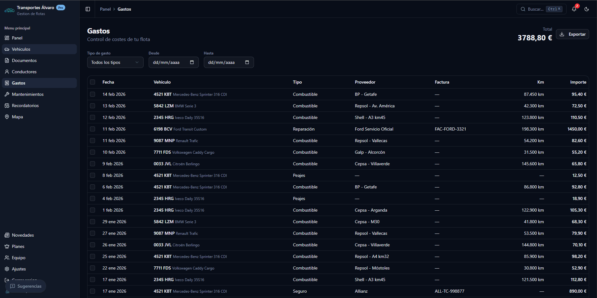 Formulario de registro de gasto por vehículo
