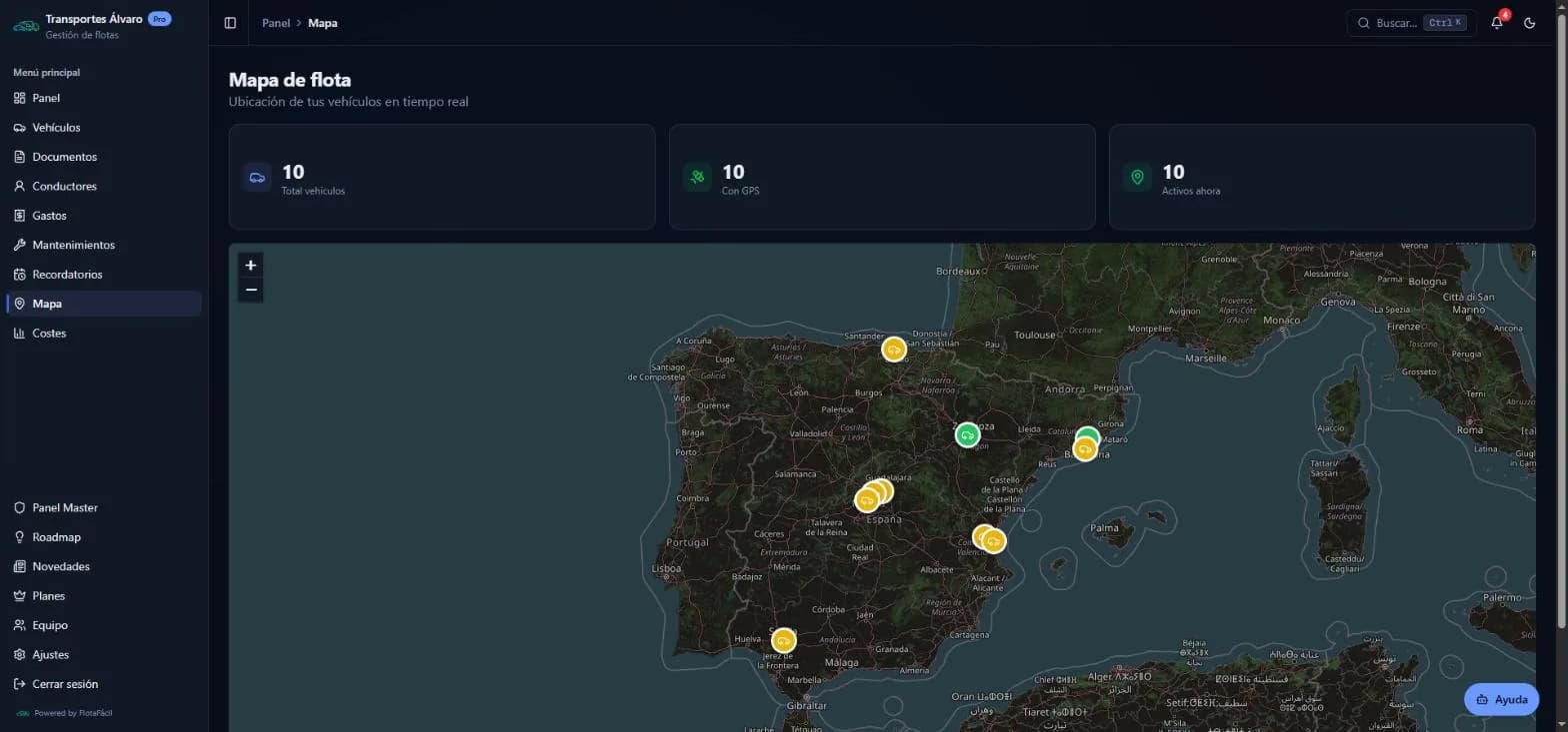 Mapa de flota de FlotaFácil: posición en tiempo real de los vehículos sobre el mapa de España