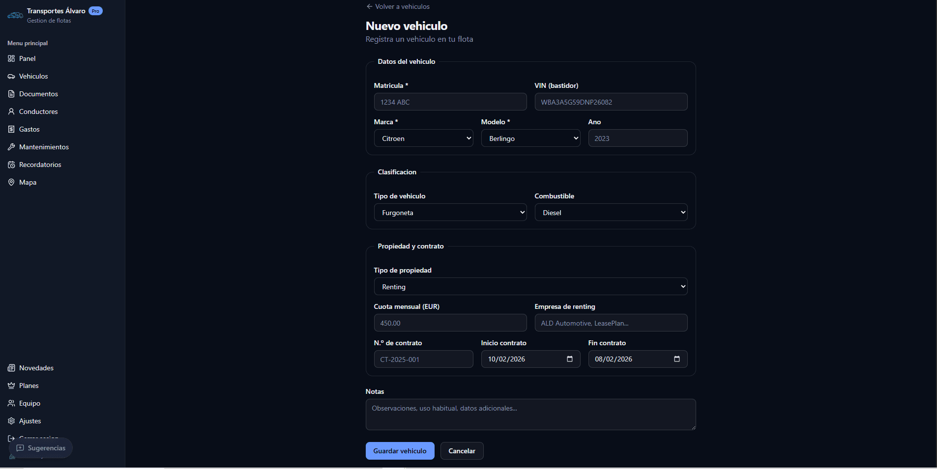Formulario para añadir vehículo en FlotaFácil