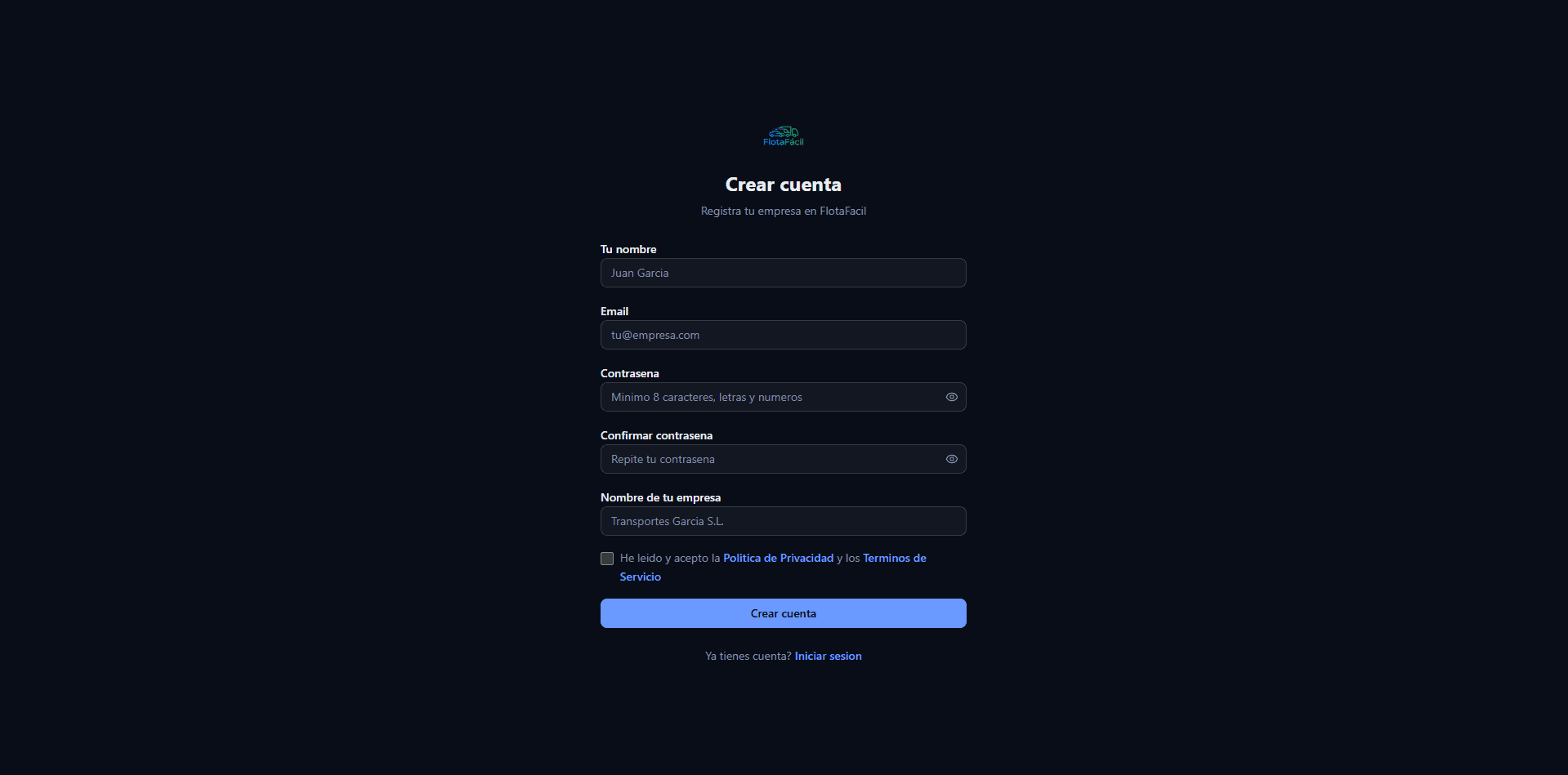 Pantalla de registro de FlotaFácil